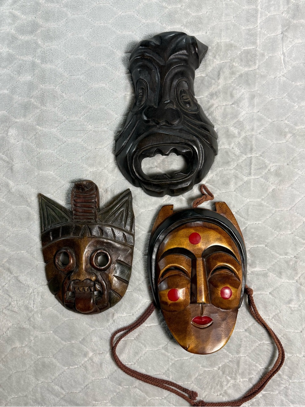 Lot Of 3 Hand Carved Wooden Folk Art Tribal Style Wall Masks Vintage